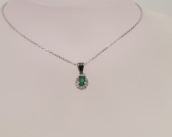 Petite Emerald Necklace, Natural Green Emerald, Cubic Zirconia, Natural Precious Gemstone, Handmade Jewellery, Sterling Silver, Pendant