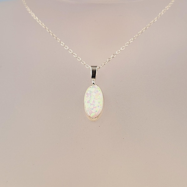 Colgante de ópalo de fuego blanco, piedra preciosa creada en laboratorio, joyería hecha a mano, plata de ley, collar