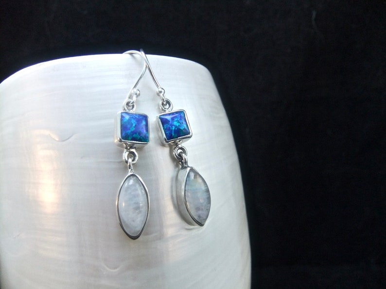 Blue Fire Opal /& Rainbow Moonstone Marquise Sterling Silver Earrings