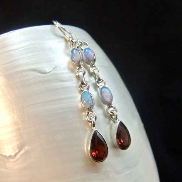 Garnet & Opal  Gemstone Sterling Silver Dangle Earrings