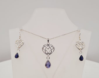 Iolite Celtic-Heart Set, Celtic Heart Design, Water Sapphire Gemstones, Sterling Silver, Necklace & Earrings