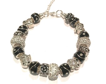 Crystal Rhinestone Mickey Mouse Bracelet w Silver Charms