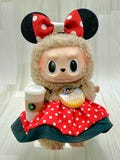 Minnie-Inspired Outfit Set for Nuimos & Labubu – Handmade Skirt, 3D Printed Ears, Park Drink + Disney Pin • Plush Doll Accessories