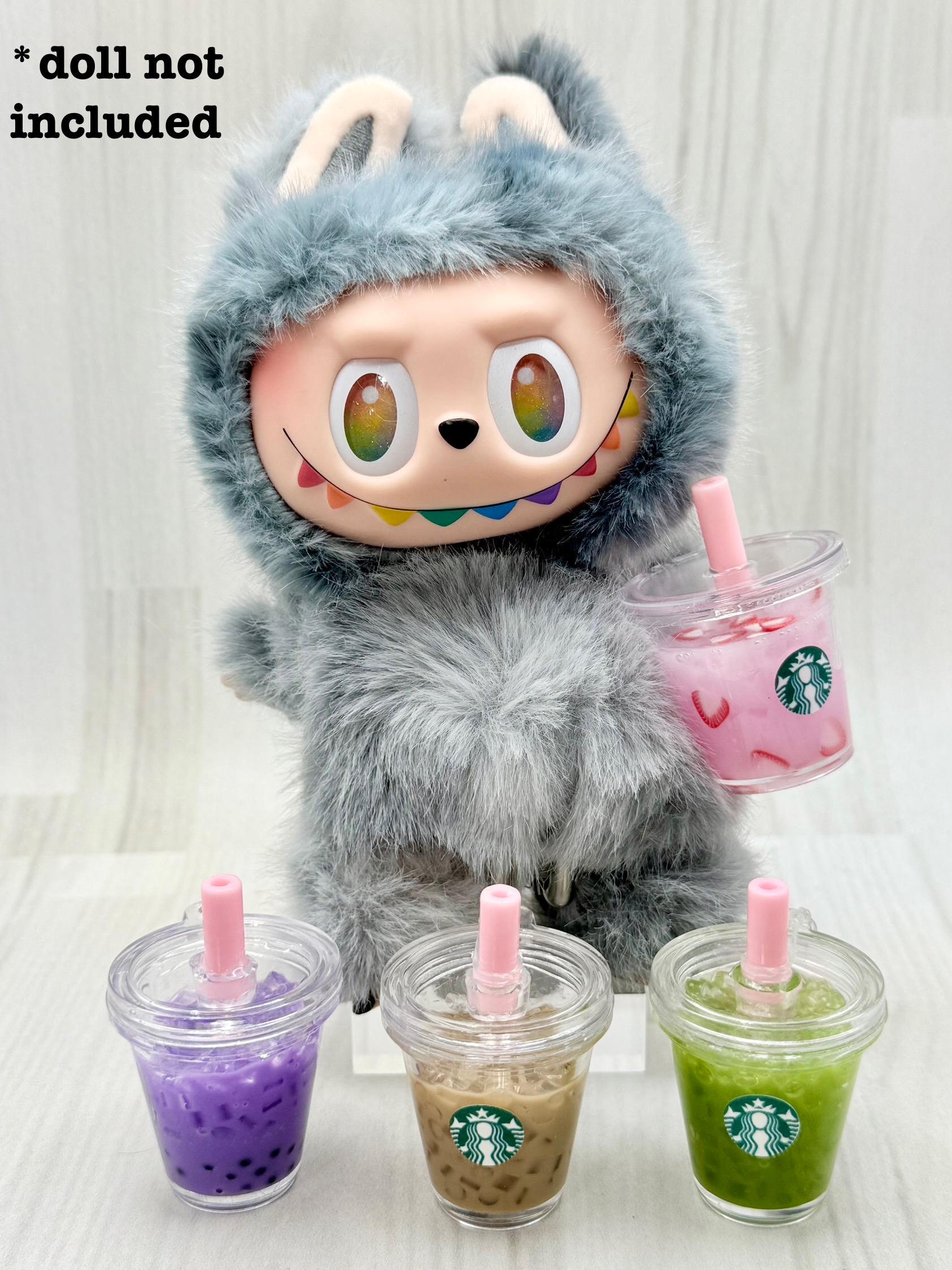 Mini Plush Drinks for Labubu, Nuimos, & More – Pink Drink, Taro Boba, Matcha, or Iced Coffee Set