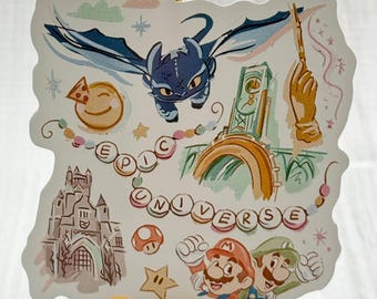 Epic Universe-Inspired Sticker • Theme Park Vinyl Decal • Fandom Collage Featuring Dragons, Castles, Games and Magic
