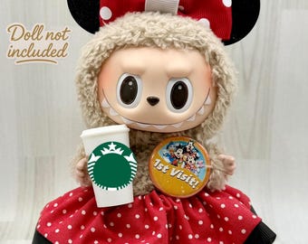 Mouse-Inspired Plush Outfit Set for Mini Poseable Plush and Collectibles – Handmade Skirt, 3D Printed Ears, Park Drink & Pin Accessories