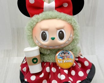 Minnie-Inspired Outfit Set for Nuimos & Labubu – Handmade Skirt, 3D Printed Ears, Park Drink + Disney Pin • Plush Doll Accessories