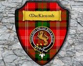 Mackintosh Shield Plaque with Scottish Clan Coat of Arms Badge on Clan Plaid Tartan Background Wall Art