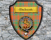 MacIntosh or MacKintosh Shield Plaque with Scottish Clan Coat of Arms Badge on Clan Plaid Tartan Background Wall Art