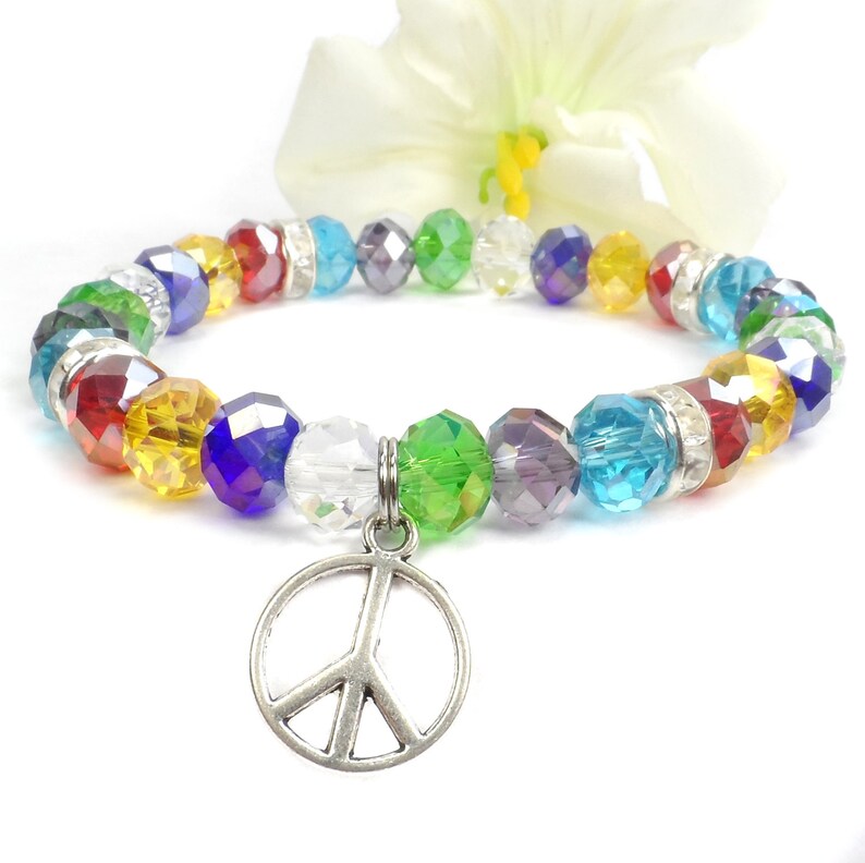 Hippie Peace Bracelet Rainbow Color Stretch Bracelet LGB | Etsy
