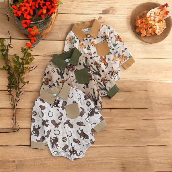 FREE SHIPPING| Infant Western Jumpsuit, Baby Boys Cactus,Cattle Romper, Autumn Long Sleeve Bodysuit, Toddle Button Down Romper, Cowboy Boot