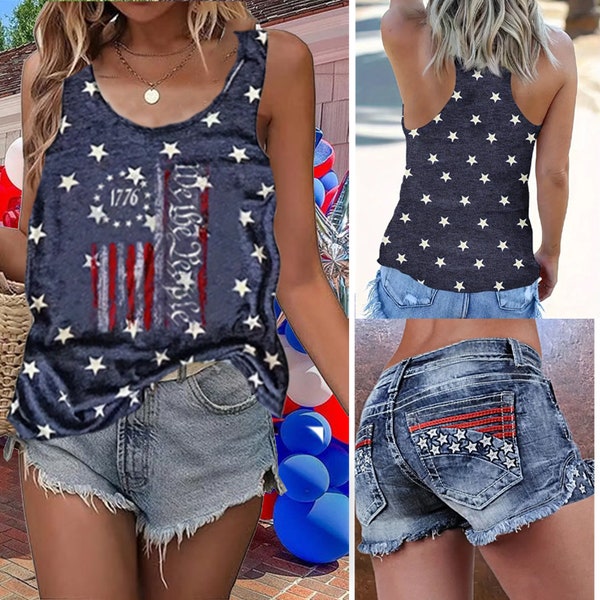 American Flag Tank Top, Women's Distressed Denim Shorts, American Flag Shorts, Independence Day Outfit, 4th Of July Tank Top 4TH7WOMAN01.1