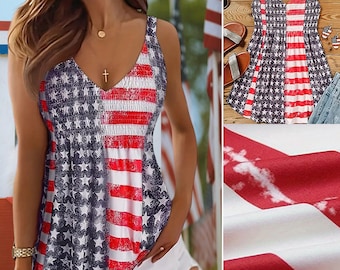 Patriotic V-Neck Tank Top, 4th of July Woman Clothing, Independence Day Tank Top, Sexy Women America Tank Top, USA Flag Tank Top 4TH7WOMAN07