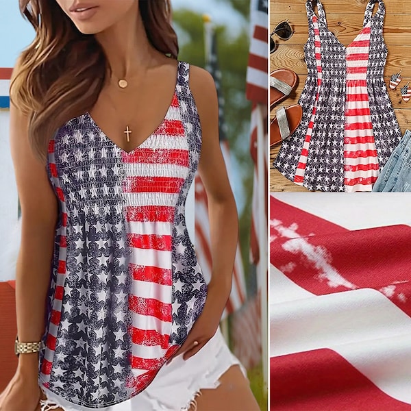 Patriotic V-Neck Tank Top, 4th of July Woman Clothing, Independence Day Tank Top, Sexy Women America Tank Top, USA Flag Tank Top 4TH7WOMAN07