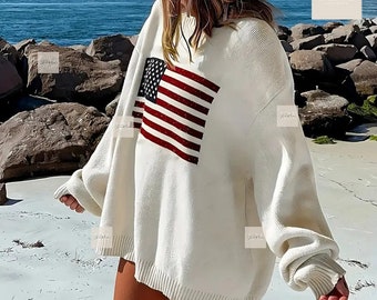 Knit American Flag Sweater, 4th of July Sweater, Memorial Day Sweater, Fourth of July Sweater, American Pride,USA Knitted Sweater 4THSWEATER