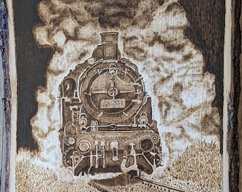 Hand Burned Woodburned Steam Train