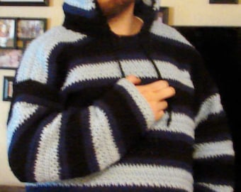 Crochet Hooded Mens Sweater: Blue and Black Striped Tunic (Made to Order) S-XXXL
