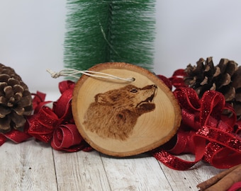 Hand Wood Burned Rustic Ornament of a Wolf