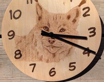 Hand Burned Pyrography Lynx Clock