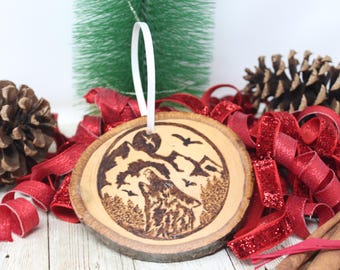 Hand Wood Burned Rustic Ornament Wolf and Mountain