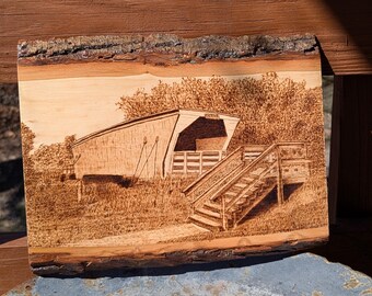 Madison County Covered Bridge, Hand Wood-Burned Wall or Desk Art
