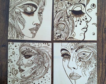 Hand-Burned Face Art Coasters – Set of 4