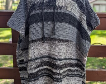 Hand Crochet Black and Gray Adult Boho Style Poncho One Size