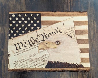 Hand-Burned Bald Eagle & American Flag Pyrography