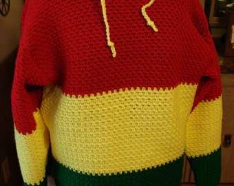 Crochet Hooded Mens Rasta Sweater - Made to Order S-XXXL