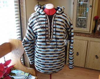 Crochet Hooded Mens Sweater: Brown, Tan, and Blue Laced Sweater, Made to Order S-XXXL