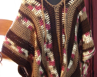 Hand Crochet Hooded Boho Style Poncho: Brown & Cherry Chip, One Size
