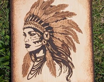 Whispers of a Heritage Native American Woman Hand-Burned Pyrography