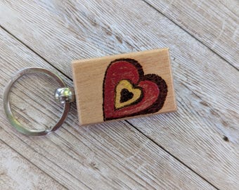 Handcrafted Pyrography Heart Keychain – With a Touch of Color