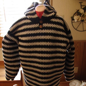 Crochet Hooded Mens Black and Gray Buttoned at the Neck Sweater Made to Order Sm, Med, Lg, XL, 2 XL, 3 XL