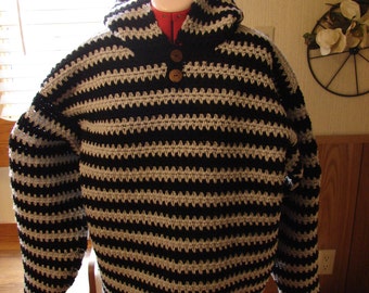 Crochet Hooded Mens Sweater: Black and Gray Striped Tunic, Made to Order S-XXXL