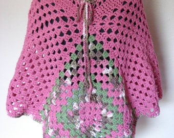 Hand Crochet Rose Color Poncho One Size