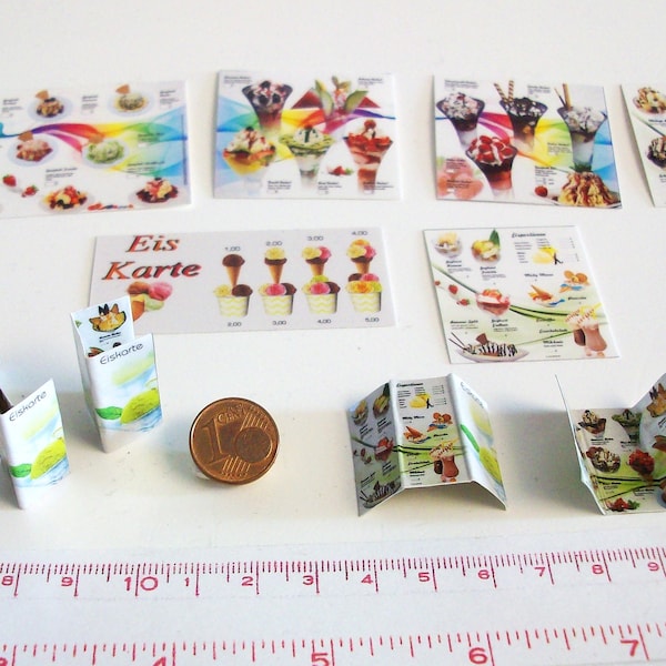 5005# - 6 miniature ice cream billboards and 6 table displays - dollhouse - M 1zu12 - gnome