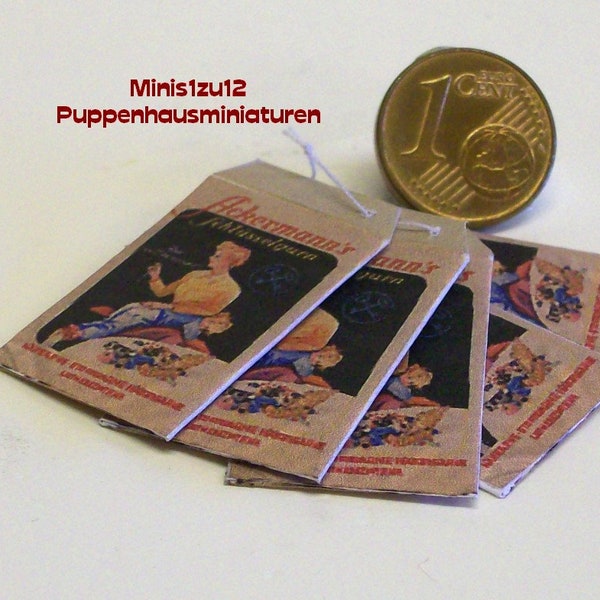 3310# - 5 Stück nostalgische Miniatur-Kaufladentüten - Kurzwaren - Puppenhaus, Puppenstube M1:12