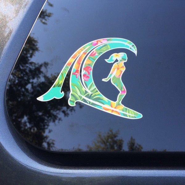 Surfer guy or girl sticker, printed laminated outdoor waterproof vinyl car decal boho hippie beach tropical style