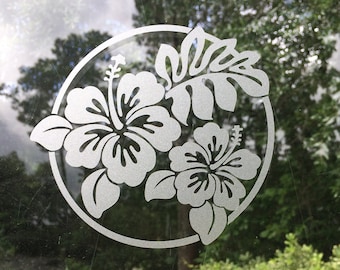 Hibiscus stickers frosted etched vinyl window sliding glass door decals, tropical boho beach style bird safety, glass visibility decals