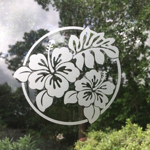 Hibiscus stickers frosted etched vinyl window sliding glass door decals, tropical boho beach style bird safety, glass visibility decals