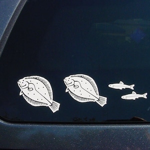 Flounder Family car stickers - 2 to 8 family members. Unique vinyl decals, fish fishing fisherman angler minnow waterproof outdoor saltwater