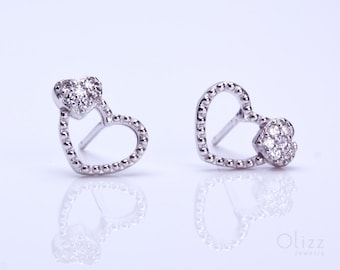 Sterling Silver Heart Stud Earrings | Cubic Zirconia