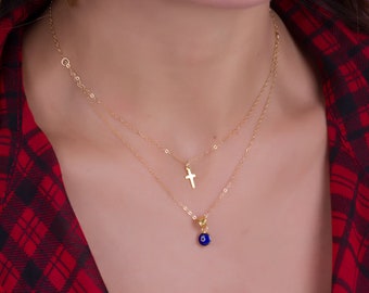 Double strand necklace, Evil eye cross necklace, layered necklace, blue evil eye necklace, tiny gold cross necklace, gold necklace, "Hygeia"