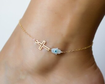 Sideways cross anklet, Evil eye anklet, Hamsa ankle bracelet, Evil eye ankle bracelet, Mother's Day Gift, Gold Anklet