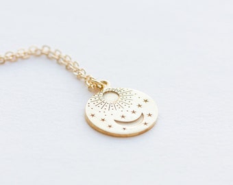 Sun Moon Necklace, Gold Sun Moon Pendant, 14k gold filled Disc Pendant, Mother Present, Celestial Wedding, Dainty Sun Necklace,Daughter Gift