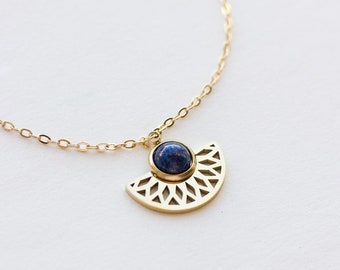 Blue Lapis Necklace, 14k Gold filled pendant, Gemstone necklace, Sun Necklace, Flower Necklace, Bohemian necklace, September Birthday Gift