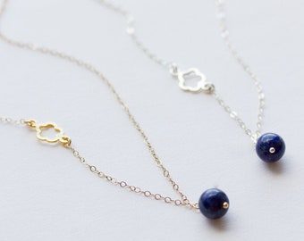 Lapis Necklace, Gold flower necklace, Good Luck necklace, Blue stone necklace, Natural Stone Pendant, Healing Stone necklace