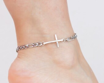 Sideways Cross Anklet, Cross Ankle Bracelet, Men's Ankle Bracelet, Chunky Ankle Bracelet, Holiday gift for Best friend, Silver Cross Anklet