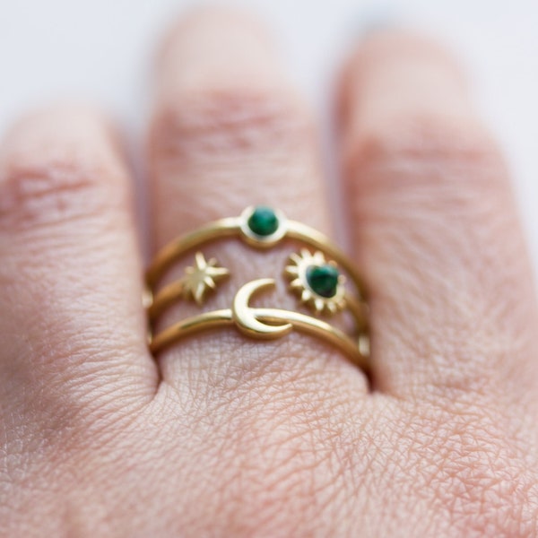 Moon Star Ring, Malachite Ring, Crescent Moon Ring, Celestial Ring, Triple Ring, Gemstone Ring, Mother's Day Gift, Dainty Gold Ring